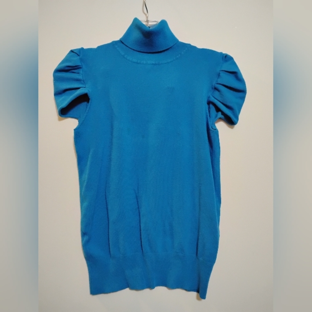 OODJI Knits Blue Puff Short Sleeve Turtleneck Sweater Cotton-Wool Blend EU38 S
